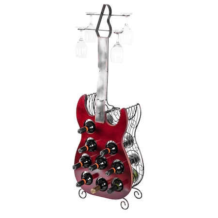 Vintiquewise Vintage Wood and Metal Guitar Shaped 9 Bottle Freestanding Decorative Wine Holder QI003562